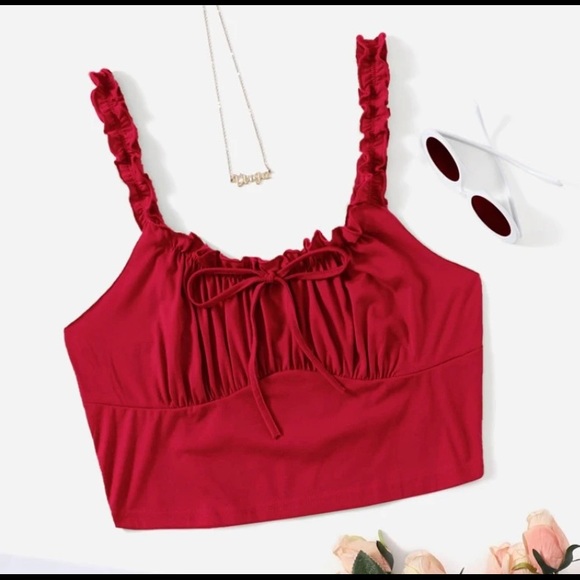 SHEIN red Frill Trim Tie Front Ruched Bust Top size small - Picture 1 of 3